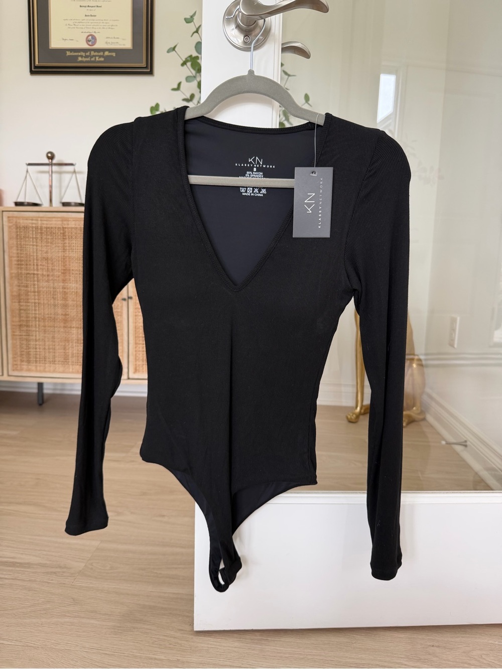 NWT Klassy Network Black Long-Sleeve V-Neck  Bodysuit